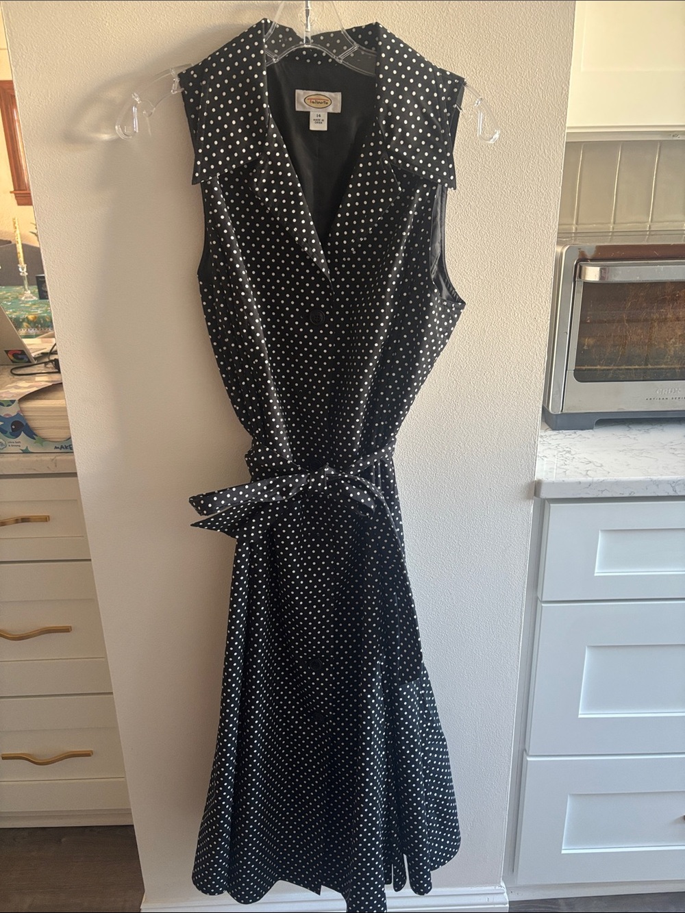 Talbots Black and White Polka Dot Tie-Waist Sleeveless Dress